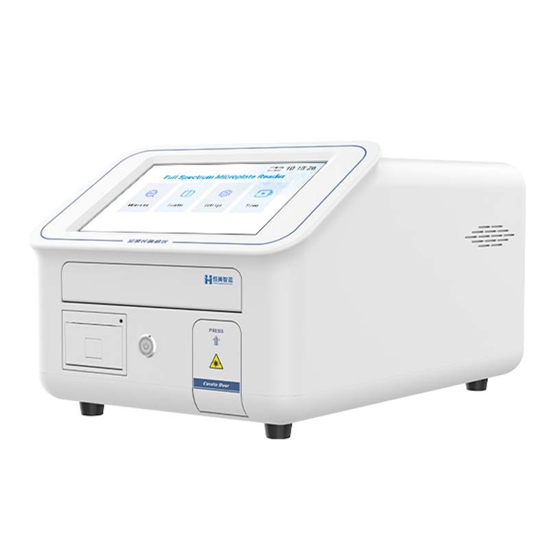 HM-96Q full spectrum microplate reader front view showing touchscreen and cuvette drawer