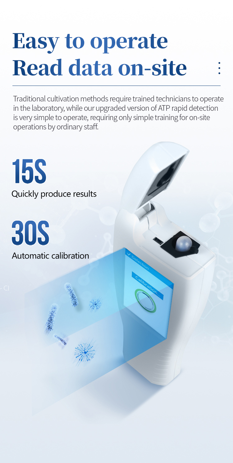 Rapid ATP testing demonstration with 15-second result and automatic calibration for hygiene verification