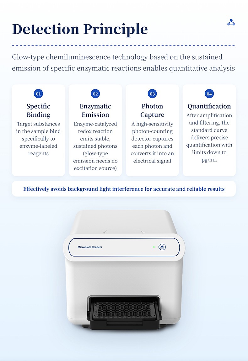 Glow-type chemiluminescence detection principle workflow covering specific binding, enzymatic emission, photon capture, and precise quantification