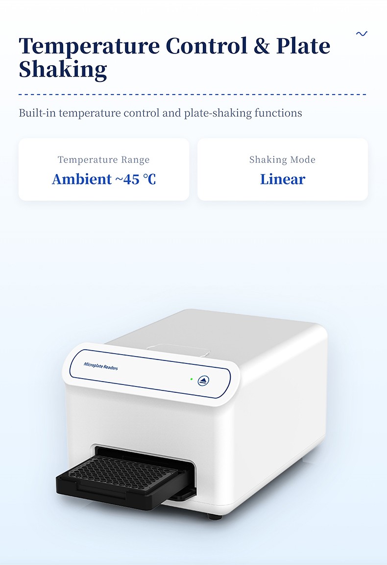 Integrated chamber temperature control from ambient to 45 degrees Celsius and linear microplate shaking mechanism