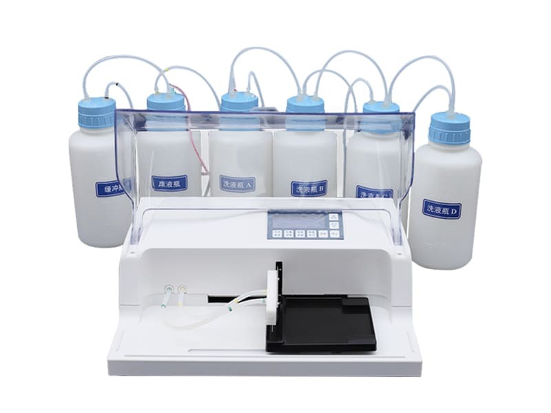 HM-ZX02 microplate washer with transparent cover, plate carrier and external liquid bottles